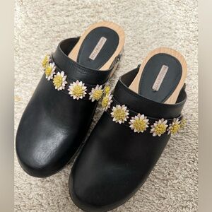 BLACK  JEAN DAISY 50 LEATHER CLOGS MULES WOODEN EU40
